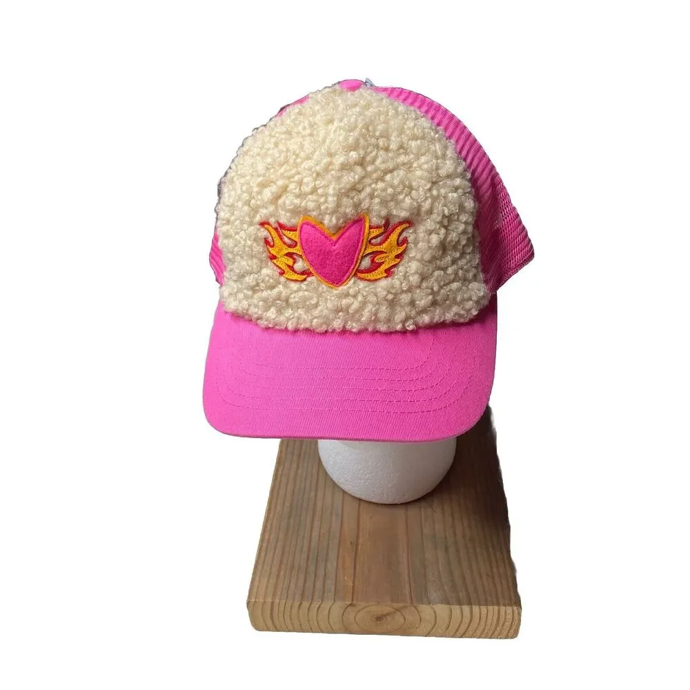 Wild Fable Hat Cap Adjustable Strap Back Pink Fleece Heart with Flames Y2K New